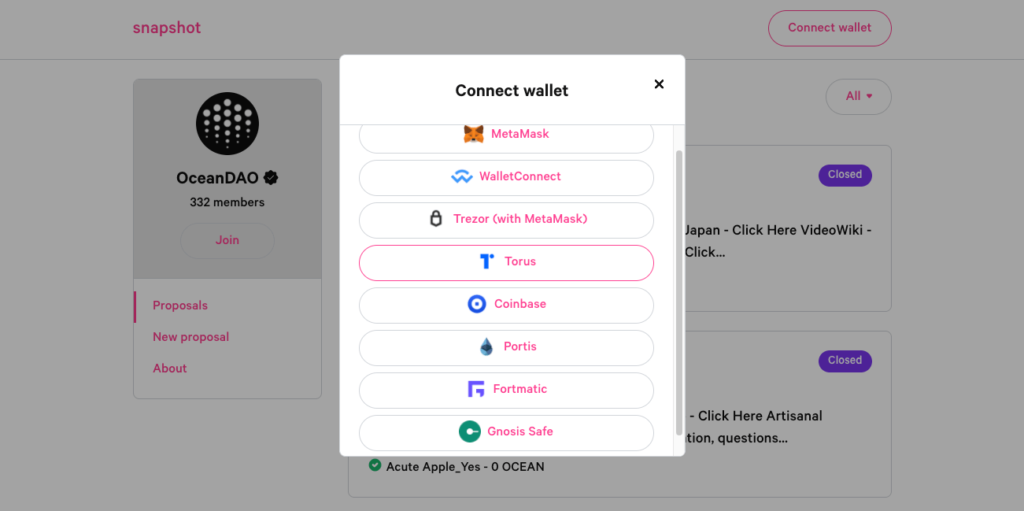 Connecting wallet to Snapshot for voting